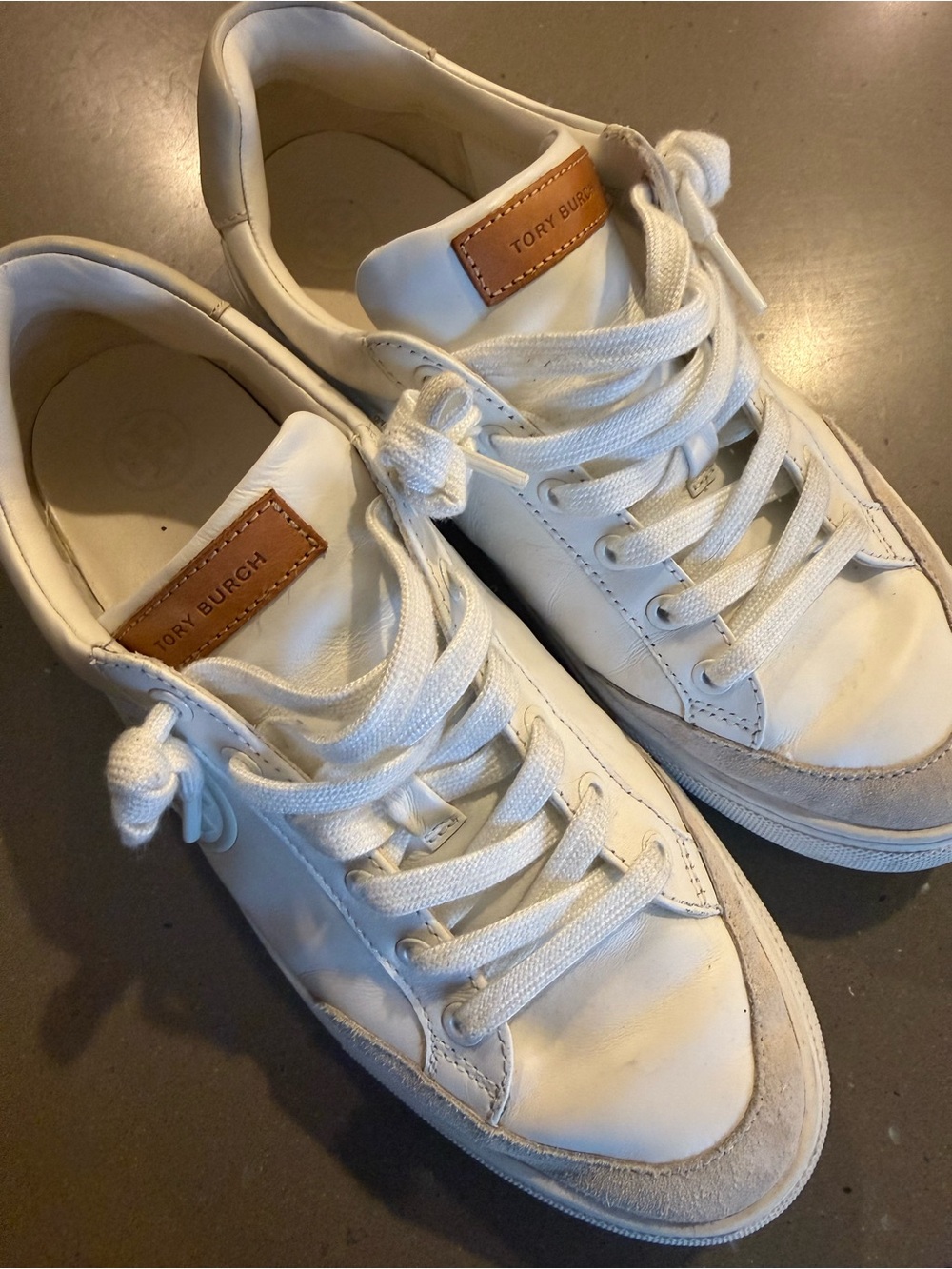 Tory Burch White Leather Sneakers with Tan Logo Tab